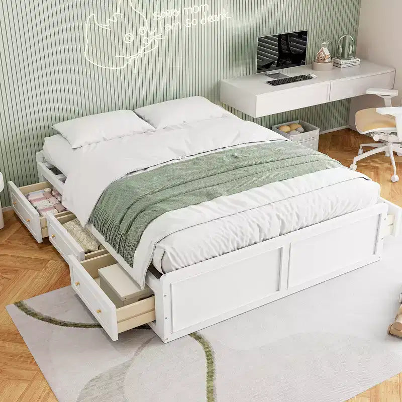 Cadre de lit plateforme en bois Whisen, taille grand lit avec 6 tiroirs