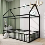 Metal Twin House-Shaped Bed Frame with Enclosing Fence