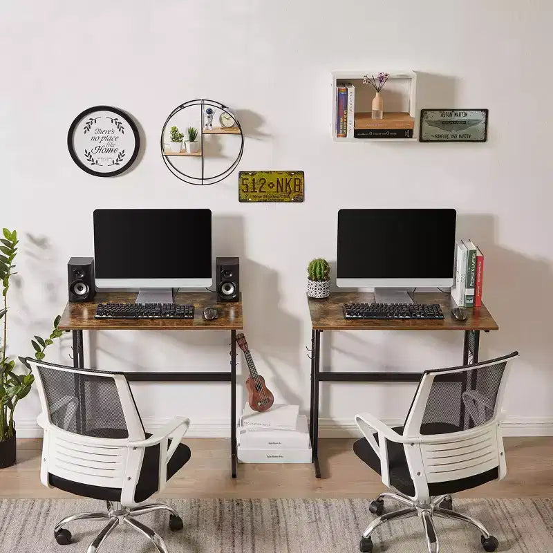 VECELO Petit bureau informatique 81/112 cm, bureau d'étude en bois avec rangement et crochet pour la maison ou la chambre, marron