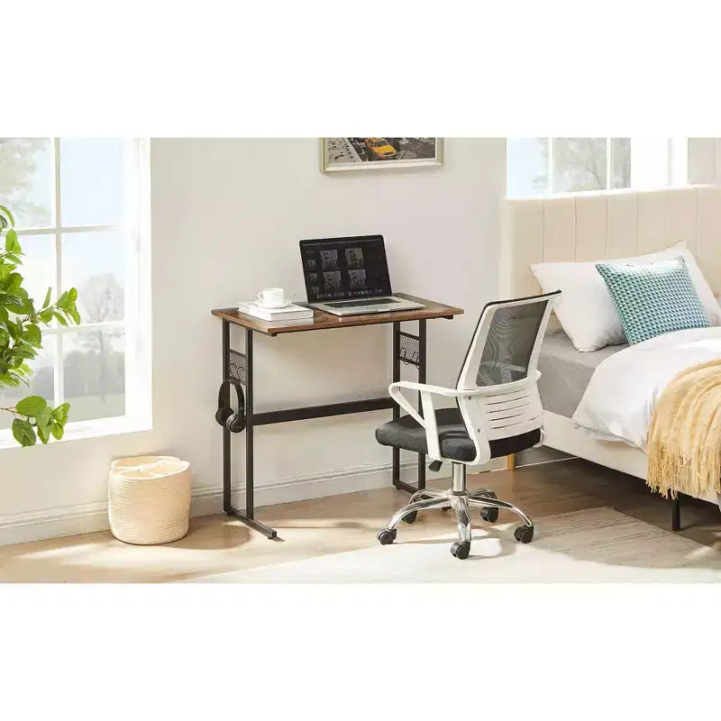 VECELO Petit bureau informatique 81/112 cm, bureau d'étude en bois avec rangement et crochet pour la maison ou la chambre, marron