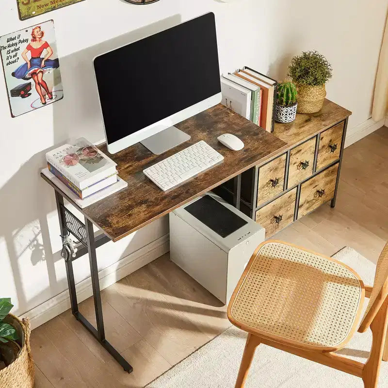 VECELO Petit bureau informatique 81/112 cm, bureau d'étude en bois avec rangement et crochet pour la maison ou la chambre, marron