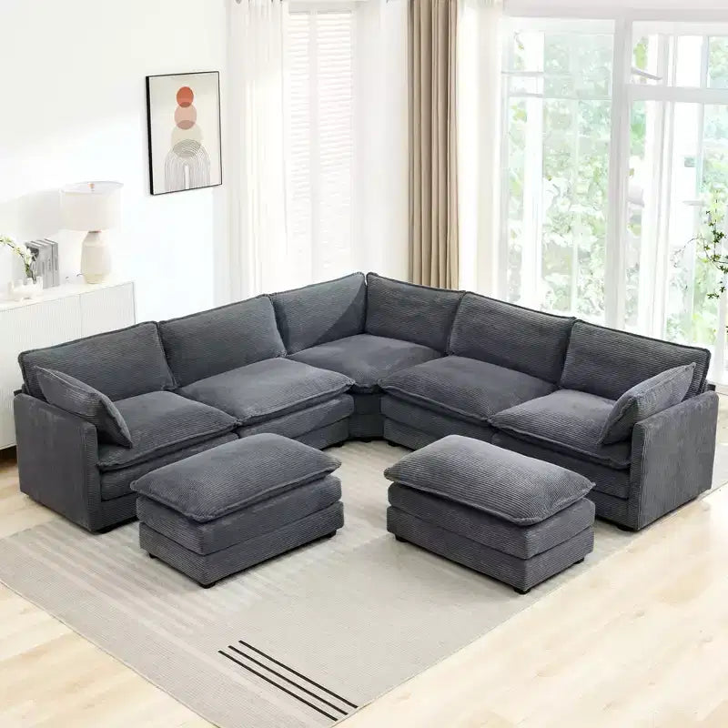 HYLEORY Canapé modulable surdimensionné en velours côtelé de 288 cm de profondeur * 288 cm de large, 7 places, avec double pouf, canapé en U avec canapé d'angle