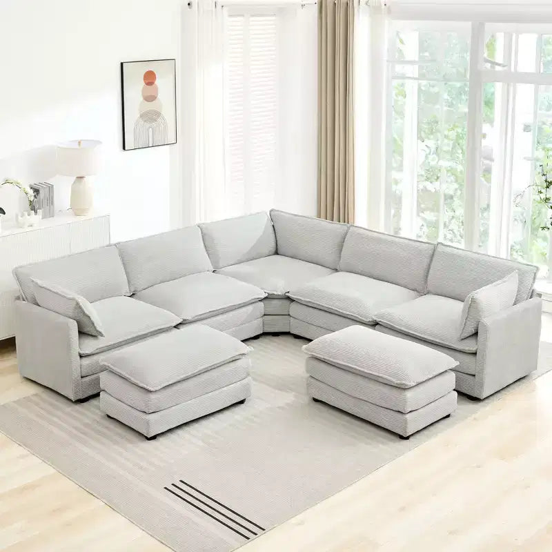 HYLEORY Canapé modulable surdimensionné en velours côtelé de 288 cm de profondeur * 288 cm de large, 7 places, avec double pouf, canapé en U avec canapé d'angle