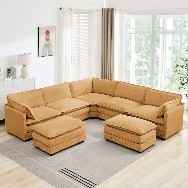 HYLEORY Canapé modulable surdimensionné en velours côtelé de 288 cm de profondeur * 288 cm de large, 7 places, avec double pouf, canapé en U avec canapé d'angle