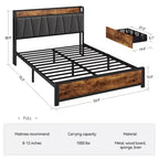 Cadre de lit WhizMax double queen king avec 4 tiroirs de rangement, cadre de lit avec station de charge, sans sommier tapissier, montage facile, marron vintage