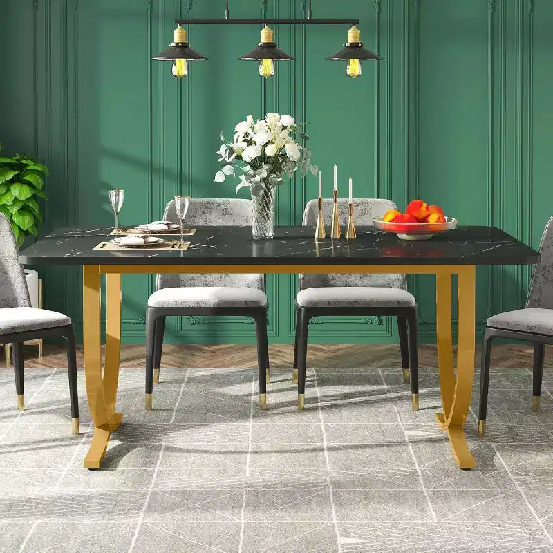 Table à manger rectangulaire Lantine pour 4 personnes, 160 cm, table de cuisine moderne avec plateau en faux marbre et pieds en métal