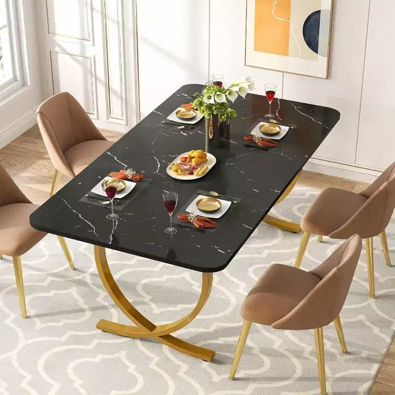 Table à manger rectangulaire Lantine pour 4 personnes, 160 cm, table de cuisine moderne avec plateau en faux marbre et pieds en métal