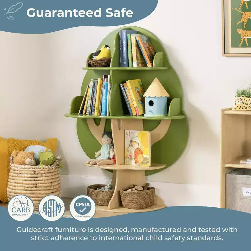 Bibliothèque Arbre pour enfants Guidecraft : Étagère à livres de bibliothèque, Étagère à livres pour tout-petits, Bibliothèque en bois vert à 4 niveaux, Décoration de meubles de chambre d'enfant, Rangement pour chambre à coucher et salle de jeux