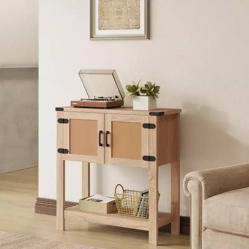 Table console de ferme EROMMY avec portes en rotin, table d'entrée avec meuble de rangement, table d'entrée en bois avec poignée métallique pour cuisine, couloir