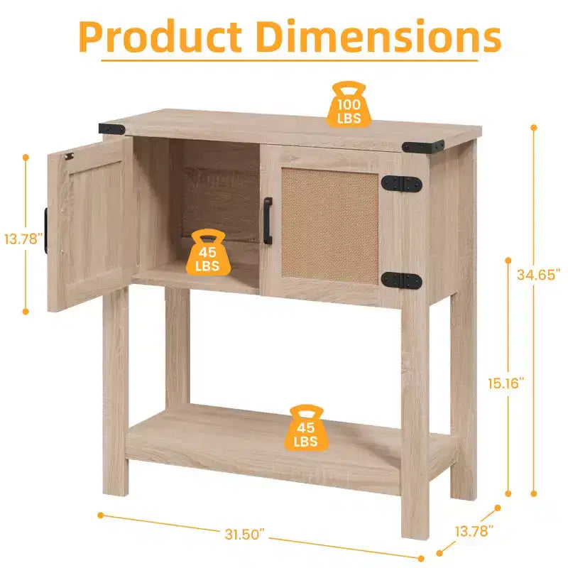 Table console de ferme EROMMY avec portes en rotin, table d'entrée avec meuble de rangement, table d'entrée en bois avec poignée métallique pour cuisine, couloir