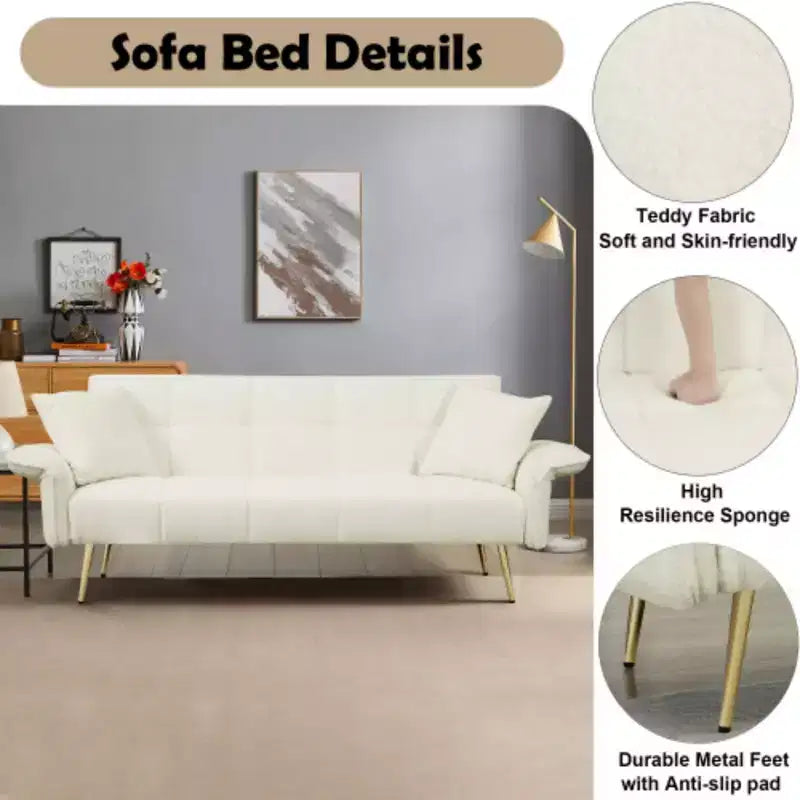 Canapé moderne Love Sofa : Futon en tissu Teddy 70 avec accoudoirs réglables, lit convertible