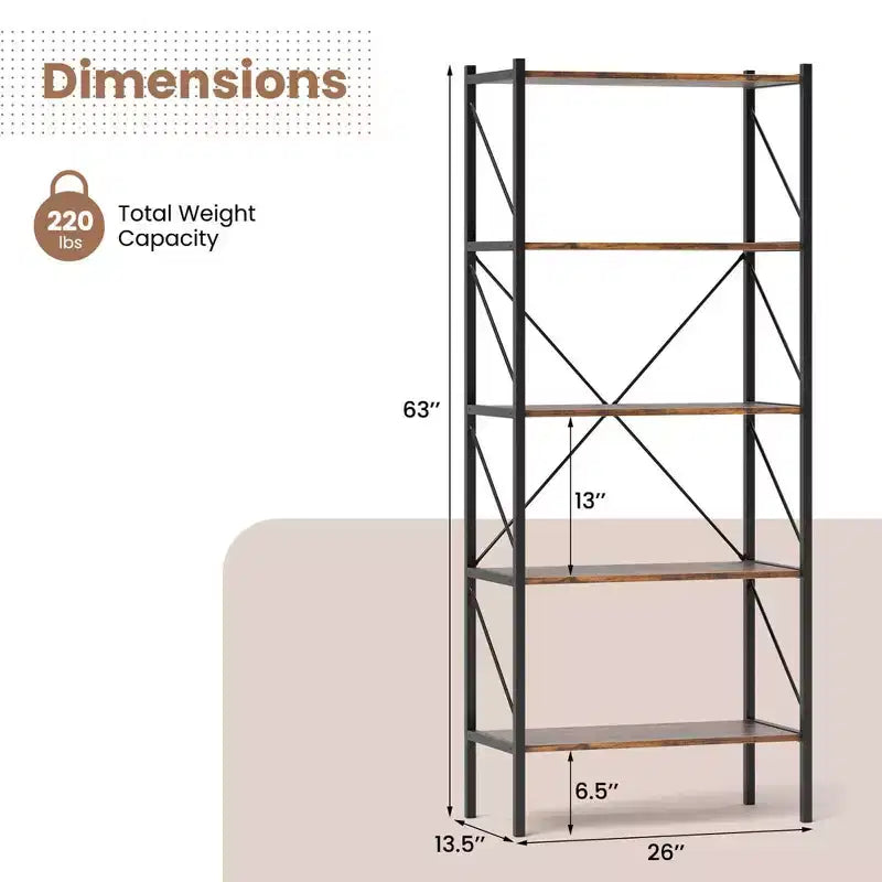 Costway Étagère à Livres 5 Niveaux, Bibliothèque Industrielle Haute avec Étagères de Rangement Ouvertes et Cadre Métallique Marron (Lot de 1 ou 2)