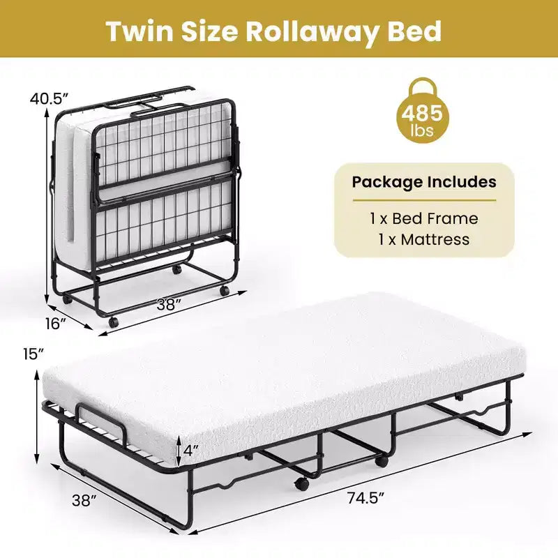 Lit pliable double Costway 38 x 75, lit d'appoint portable sur roulettes