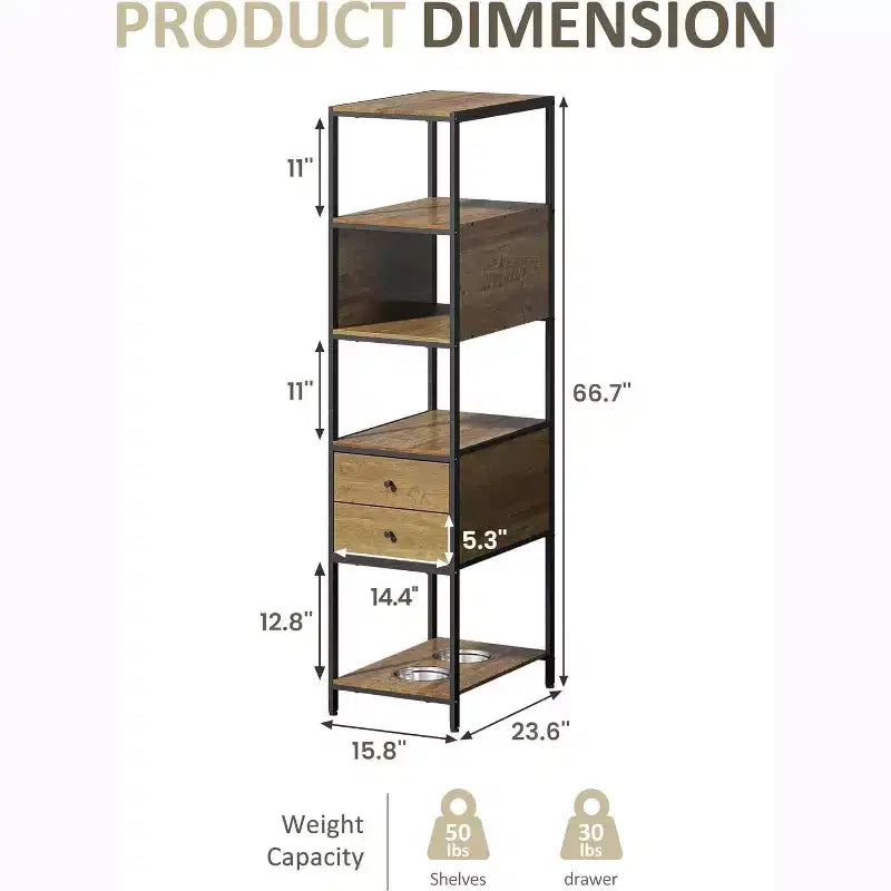 Étagère Industrielle Heynemo, Étagère de Présentation sur Pied avec 2 Gamelles pour Chien, Étagère en Métal et Bois, Station d'Alimentation pour Chien avec Étagères
