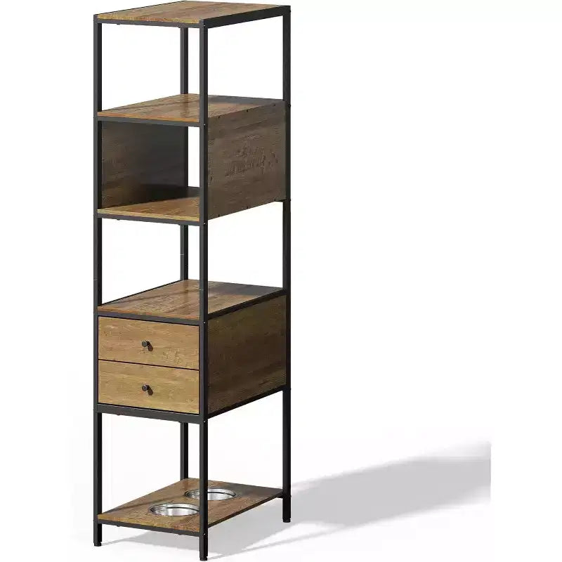Étagère Industrielle Heynemo, Étagère de Présentation sur Pied avec 2 Gamelles pour Chien, Étagère en Métal et Bois, Station d'Alimentation pour Chien avec Étagères