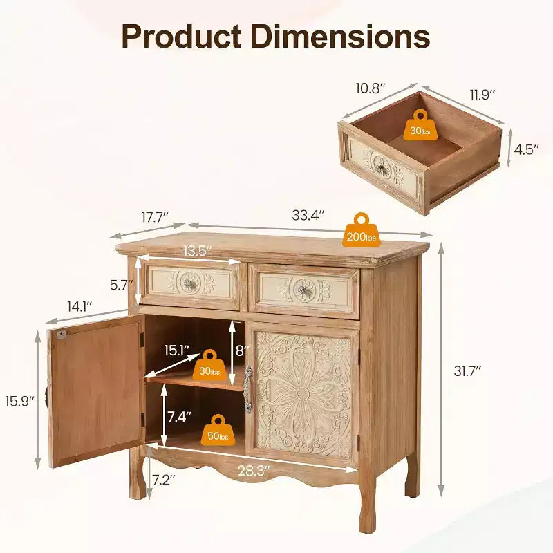 Armoire de rangement Heynemo avec tiroirs et portes, Buffet de cuisine, Buffet d'appoint, Organisateur de rangement en bois
