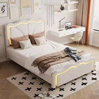 Lit plateforme rembourré double/grand avec tête de lit incurvée et réglable en hauteur, bandes lumineuses LED, PU, blanc/rose-ModernLuxe