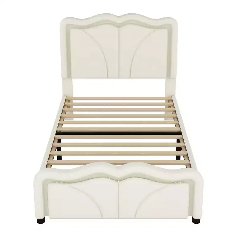 Lit plateforme rembourré double/grand avec tête de lit incurvée et réglable en hauteur, bandes lumineuses LED, PU, blanc/rose-ModernLuxe