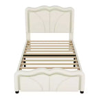 Lit plateforme rembourré double/grand avec tête de lit incurvée et réglable en hauteur, bandes lumineuses LED, PU, blanc/rose-ModernLuxe