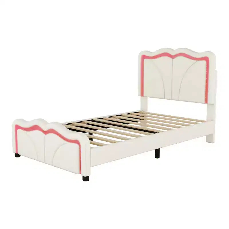 Lit plateforme rembourré double/grand avec tête de lit incurvée et réglable en hauteur, bandes lumineuses LED, PU, blanc/rose-ModernLuxe