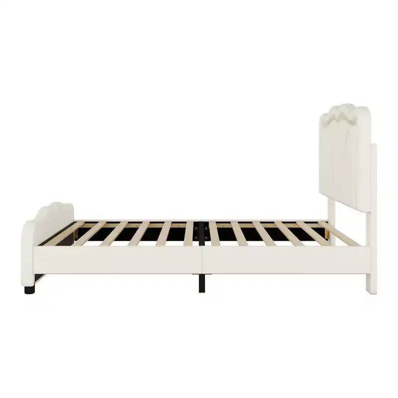 Lit plateforme rembourré double/grand avec tête de lit incurvée et réglable en hauteur, bandes lumineuses LED, PU, blanc/rose-ModernLuxe