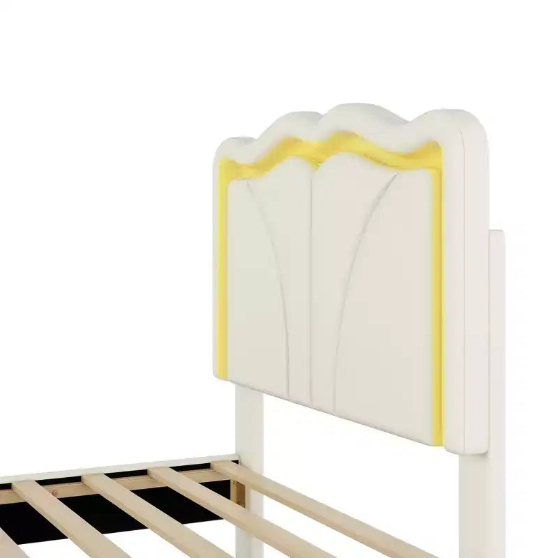 Lit plateforme rembourré double/grand avec tête de lit incurvée et réglable en hauteur, bandes lumineuses LED, PU, blanc/rose-ModernLuxe