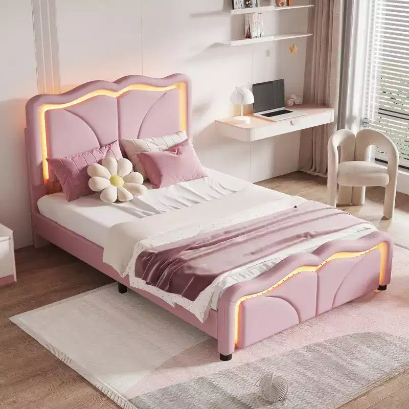 Lit plateforme rembourré double/grand avec tête de lit incurvée et réglable en hauteur, bandes lumineuses LED, PU, blanc/rose-ModernLuxe