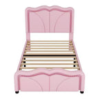 Lit plateforme rembourré double/grand avec tête de lit incurvée et réglable en hauteur, bandes lumineuses LED, PU, blanc/rose-ModernLuxe