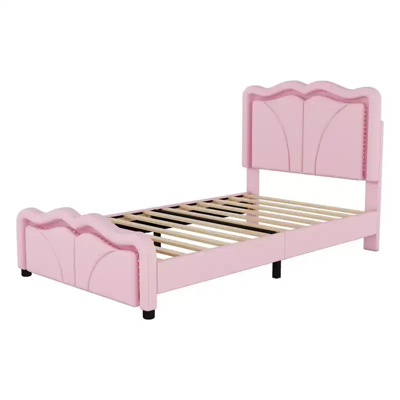 Lit plateforme rembourré double/grand avec tête de lit incurvée et réglable en hauteur, bandes lumineuses LED, PU, blanc/rose-ModernLuxe
