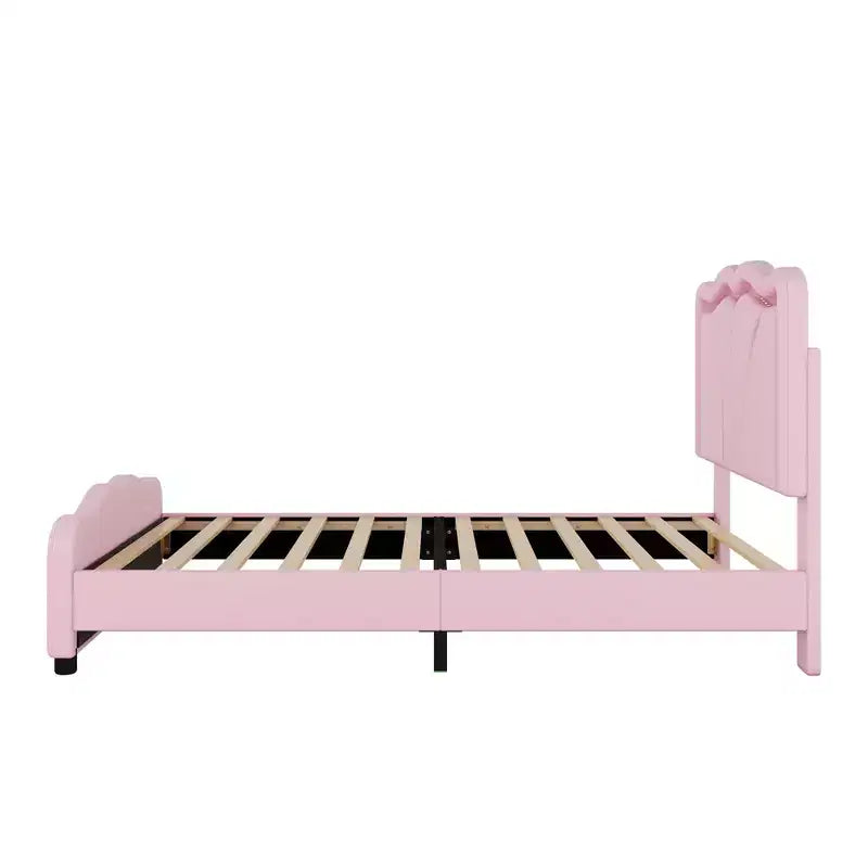 Lit plateforme rembourré double/grand avec tête de lit incurvée et réglable en hauteur, bandes lumineuses LED, PU, blanc/rose-ModernLuxe