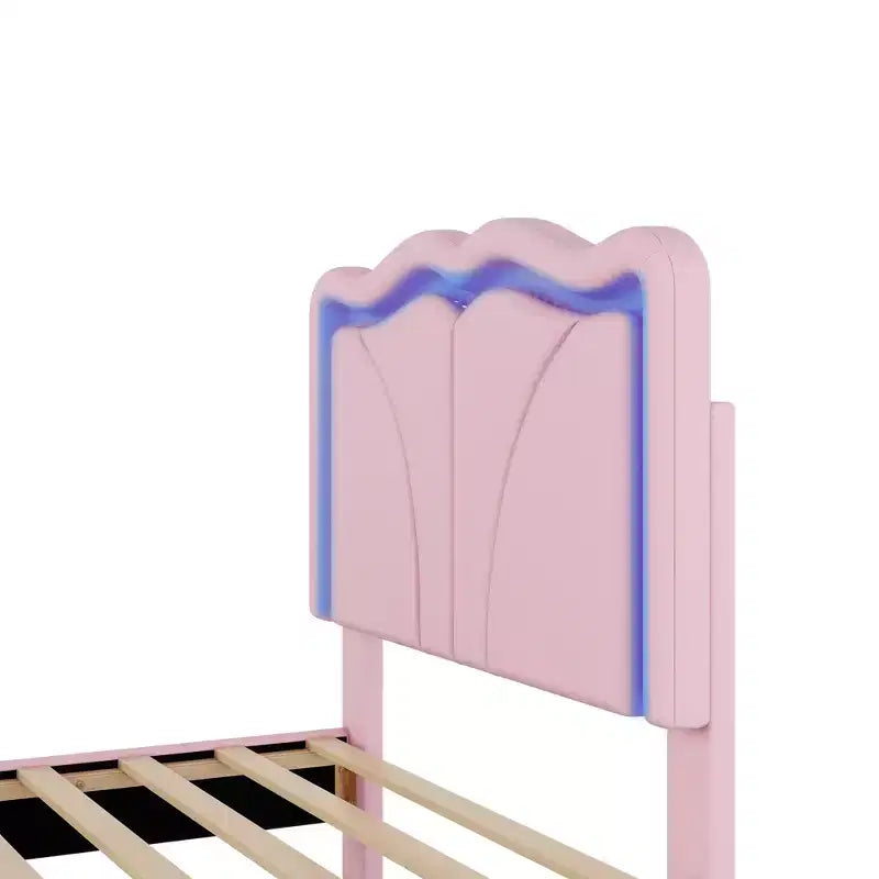 Lit plateforme rembourré double/grand avec tête de lit incurvée et réglable en hauteur, bandes lumineuses LED, PU, blanc/rose-ModernLuxe