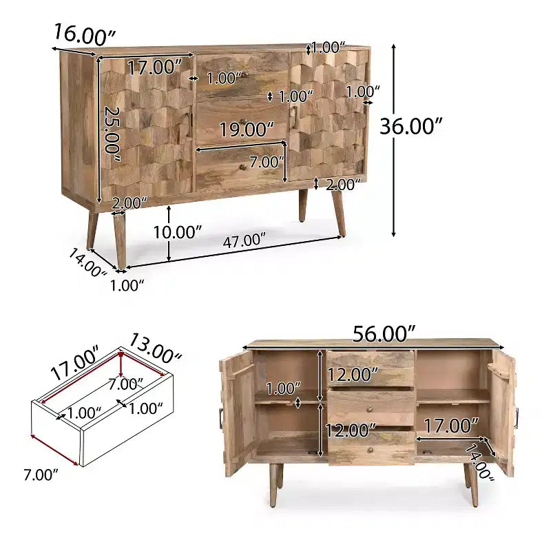 Buffet GDFStudio Latimer Boho fait main en bois de manguier avec rangement, naturel