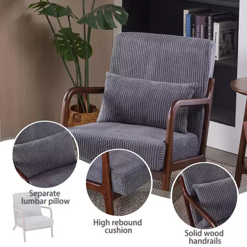 Fauteuil rembourré en bois massif Sigrid de style moderne du milieu du siècle avec coussin de GDFStudio