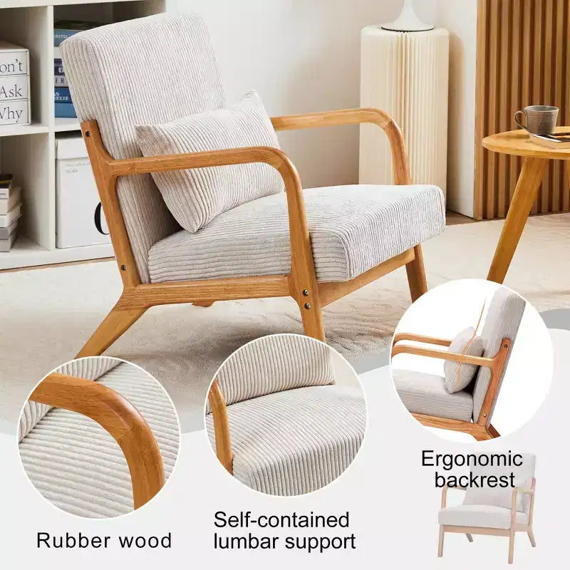 Fauteuil rembourré en bois massif Sigrid de style moderne du milieu du siècle avec coussin de GDFStudio