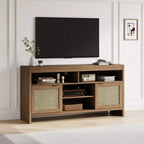 Rattan TV Cabinet, 58 Inch Wooden TV Stand with 4 Open Shelves and 2 Door Cabinets, Farmhouse Entertainment Center