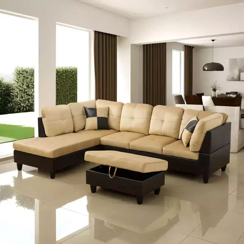 L-Shaped Living Room Sofa, Three-Piece Short Plush Sofa with Double-Layer Spring and Soft Breathable Fabric