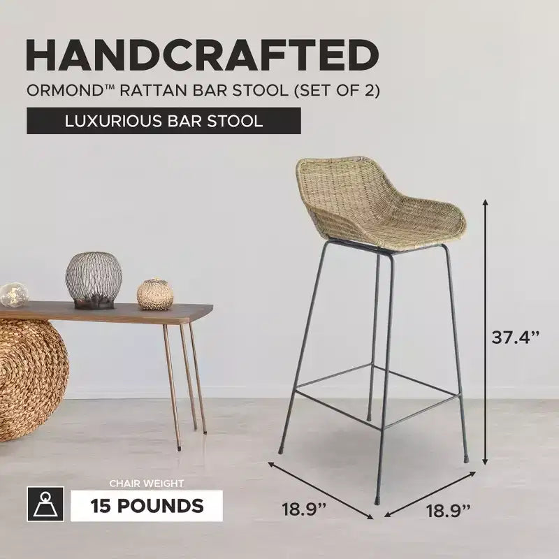 texxture Lot de 2 tabourets de bar Ormond en rotin tressé, meubles de salle à manger ou de cuisine intérieurs et extérieurs pour table ou véranda avec pieds en métal, naturel