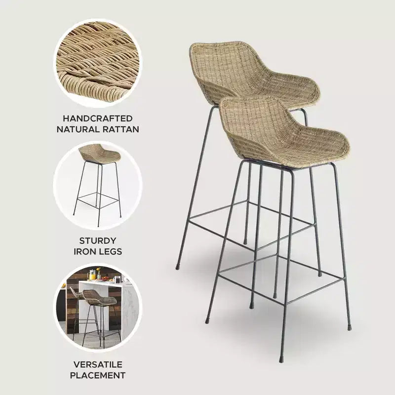 texxture Lot de 2 tabourets de bar Ormond en rotin tressé, meubles de salle à manger ou de cuisine intérieurs et extérieurs pour table ou véranda avec pieds en métal, naturel