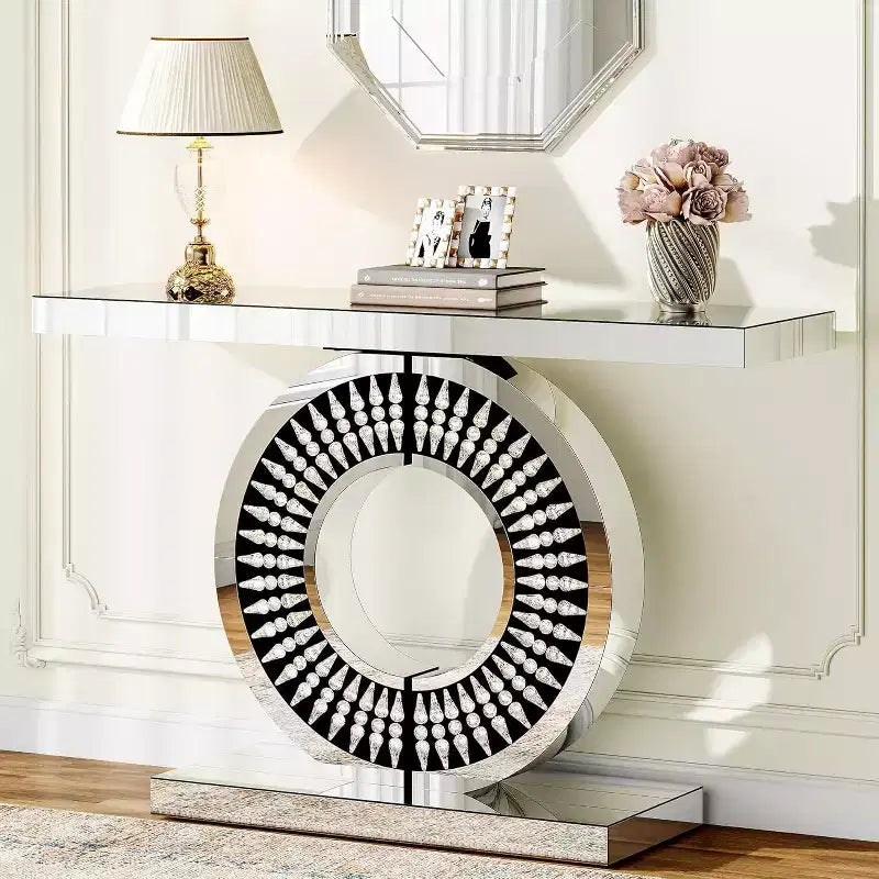 Console Lantine moderne à miroir, table de canapé en verre de 109 cm avec base incrustée de cristaux étincelants pour entrée, salon, couloir
