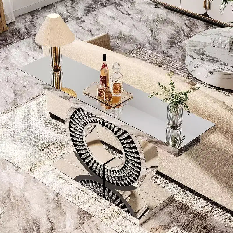 Console Lantine moderne à miroir, table de canapé en verre de 109 cm avec base incrustée de cristaux étincelants pour entrée, salon, couloir
