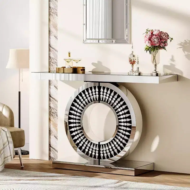 Console Lantine moderne à miroir, table de canapé en verre de 109 cm avec base incrustée de cristaux étincelants pour entrée, salon, couloir
