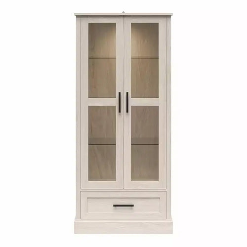 Ameriwood Home Sherman Curio Cabinet with Glass Doors and Storage Drawer, White Oak