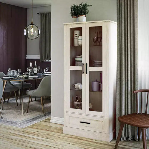Meuble de collection Ameriwood Home Sherman avec portes vitrées et tiroir de rangement, Chêne blanc