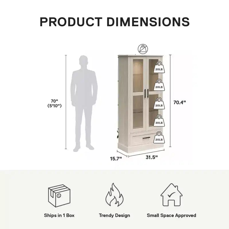 Meuble de collection Ameriwood Home Sherman avec portes vitrées et tiroir de rangement, Chêne blanc