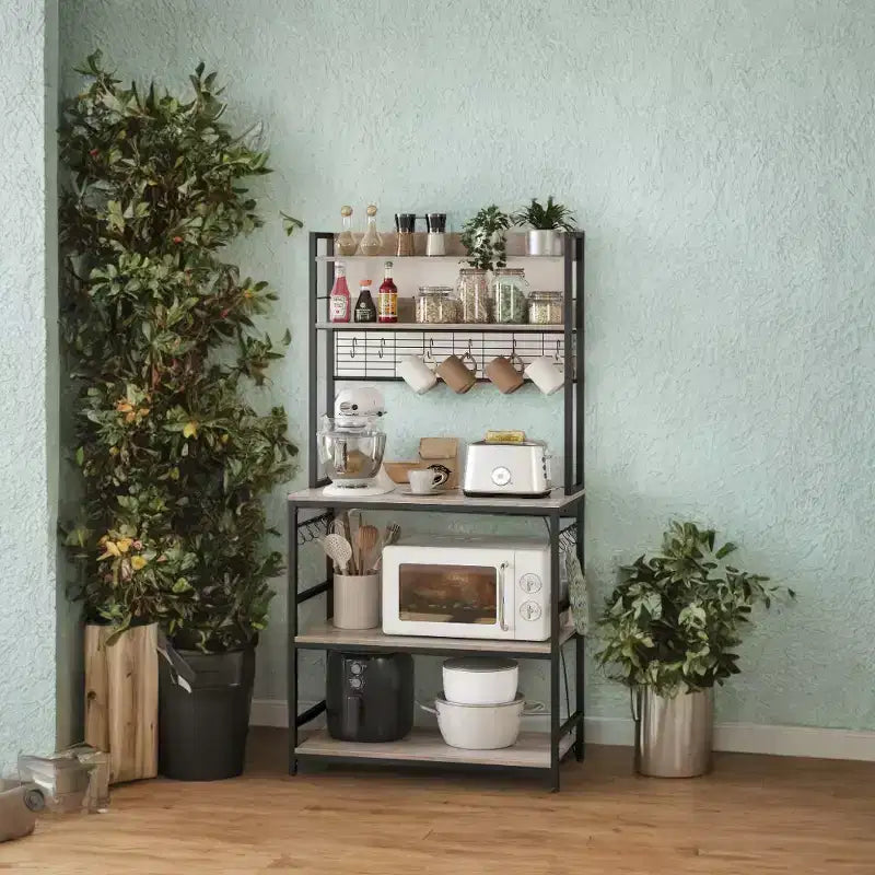 Étagère de Boulangerie Hutch avec Prise de Courant, Support de Micro-ondes 14 Crochets, Bar à Café Réglable, Étagère de Rangement de Cuisine, 40 x 80 x 170 cm
