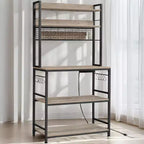 Étagère de Boulangerie Hutch avec Prise de Courant, Support de Micro-ondes 14 Crochets, Bar à Café Réglable, Étagère de Rangement de Cuisine, 40 x 80 x 170 cm
