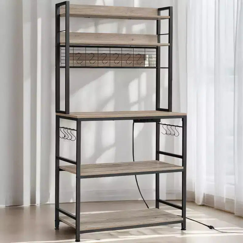 Étagère de Boulangerie Hutch avec Prise de Courant, Support de Micro-ondes 14 Crochets, Bar à Café Réglable, Étagère de Rangement de Cuisine, 40 x 80 x 170 cm