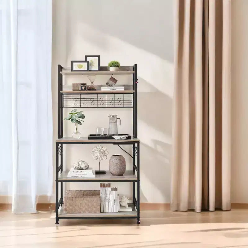 Étagère de Boulangerie Hutch avec Prise de Courant, Support de Micro-ondes 14 Crochets, Bar à Café Réglable, Étagère de Rangement de Cuisine, 40 x 80 x 170 cm