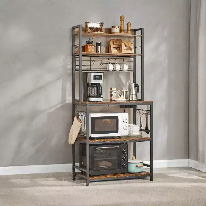 Étagère de Boulangerie Hutch avec Prise de Courant, Support de Micro-ondes 14 Crochets, Bar à Café Réglable, Étagère de Rangement de Cuisine, 40 x 80 x 170 cm