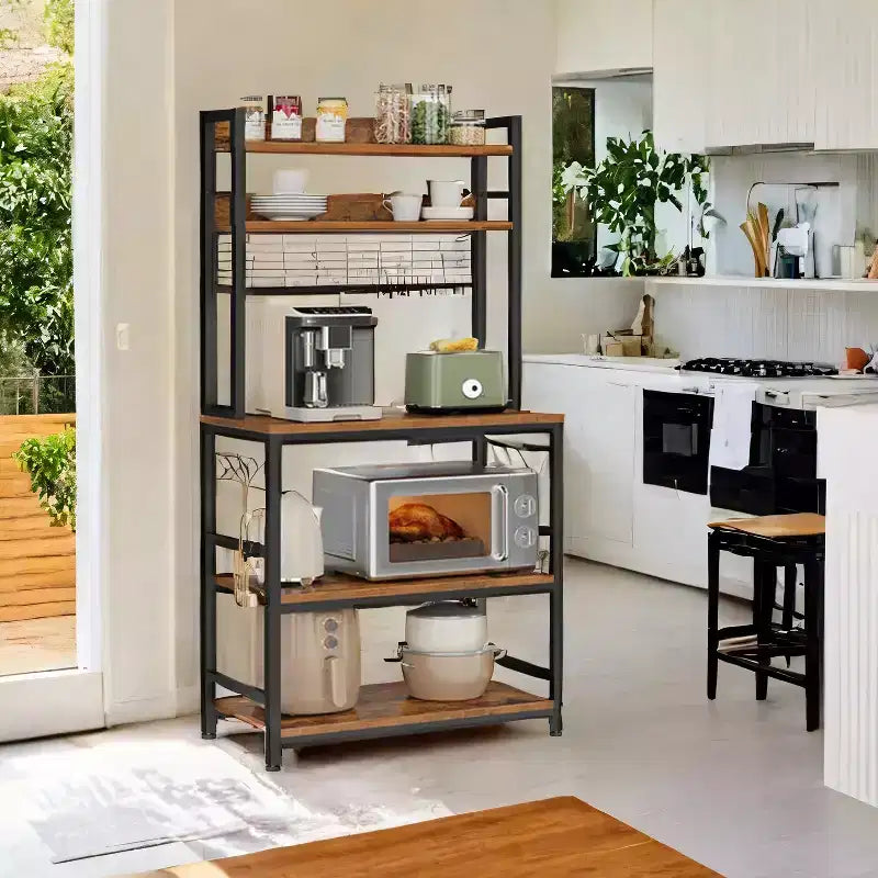 Étagère de Boulangerie Hutch avec Prise de Courant, Support de Micro-ondes 14 Crochets, Bar à Café Réglable, Étagère de Rangement de Cuisine, 40 x 80 x 170 cm